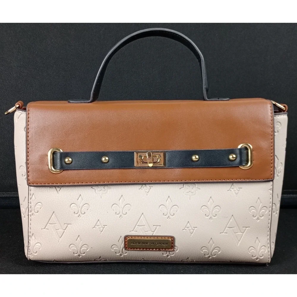 Adrienne Vittadini Cream Brown Black Gold Handbag Embossed Fleur De Lis Logo